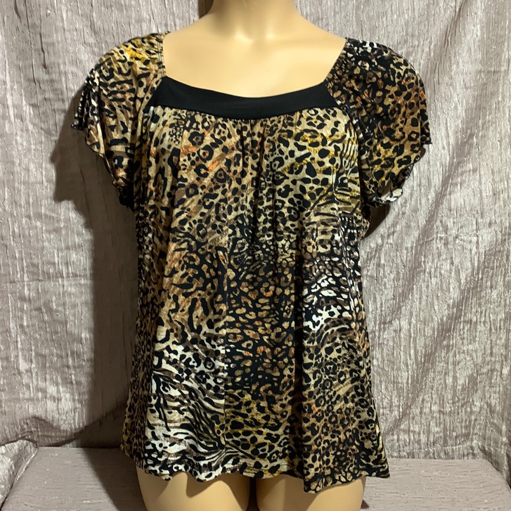 Perseption Top Blouse 1X Animal Print Brown Black Cream Pullover Short Sleeve